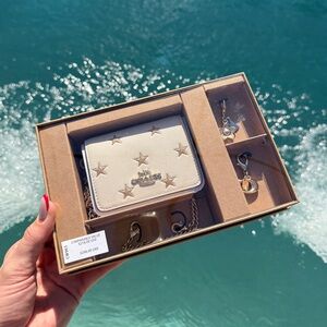 Boxed Mini White Wallet On A Chain With Gold Star Print